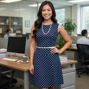 Liz Claiborne Navy and White Polka Dot Midi Dress